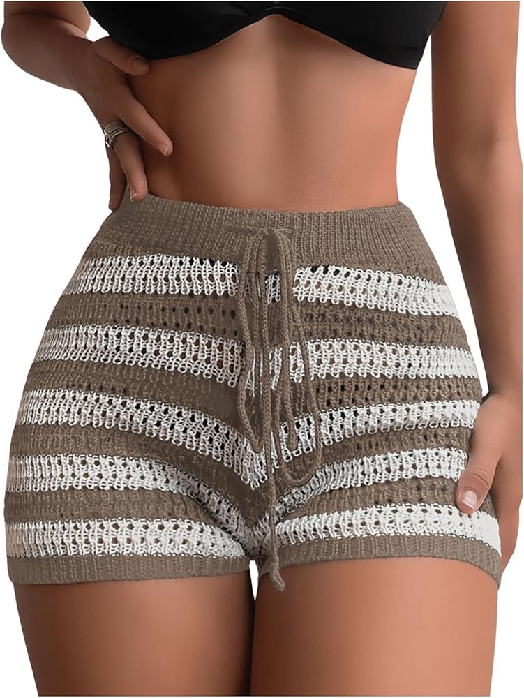 Verdusa Women's Striped Swimsuit Crochet Shorts Beach Knitted Hollow Out Cover Up Beachwear