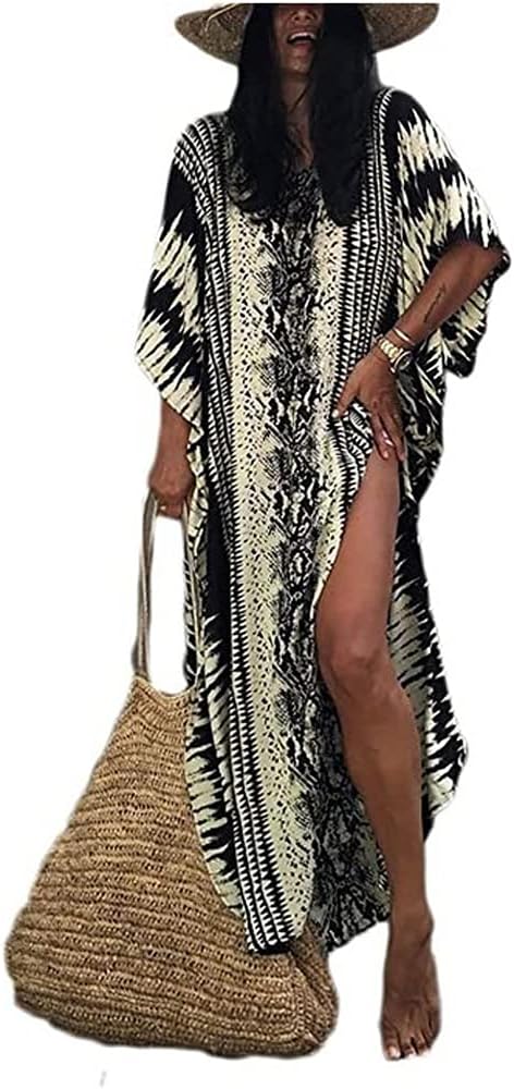 Womens Casual Caftan Dress Plus Size V Neck Bathing Suit Coverup Stripe Print tie dye Kaftan