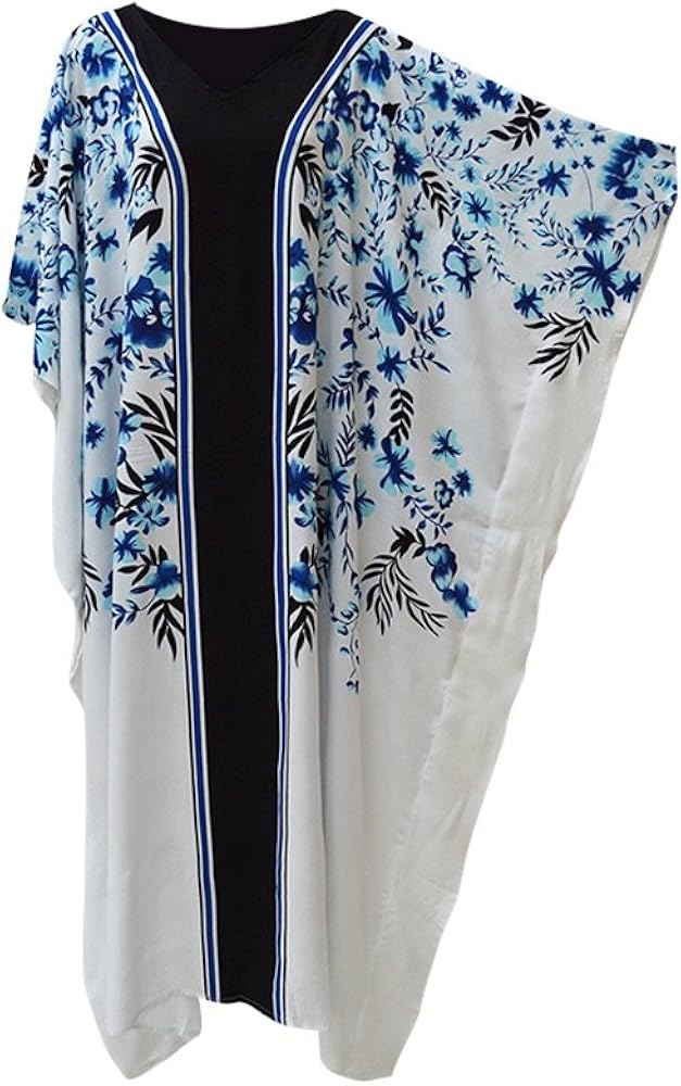 ARWEN White Blue Black Floral Kaftan Caftan Cool Soft Long Ladies Dress Plus