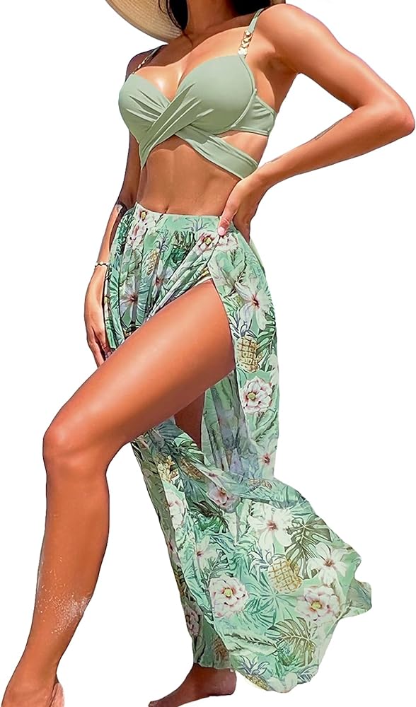 MakeMeChic Women's 3 Piece Bikini Set Criss Cross Push Up Bathing Suit with Tropical Floral Split Thigh Beach Cover Up Skirt