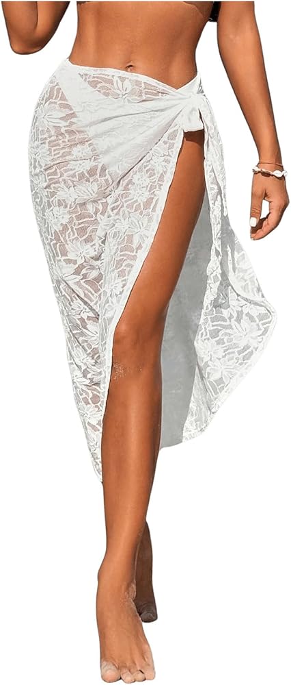 OYOANGLE Women's Sarong Cover Up Lace Wrap Knot Side Beach Skirt Swimsuit Cover Ups Swimwear