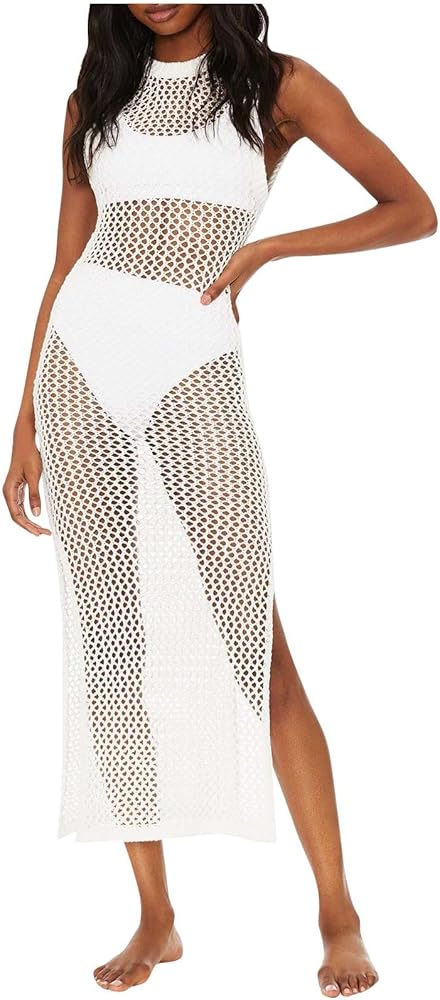 Women's Sexy Sleeveless Mesh See Through Crochet Slit Maxi Long Dress Knitted Beach Vacation Bikini Swimsuit Cover Ups