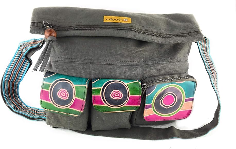 Macha Bolsa en algodón y cuero inserciones con estampados coloridos, bolsos de hombro en algodón y cuero para mujeres étnicas indias, bohemias, hippie, gris