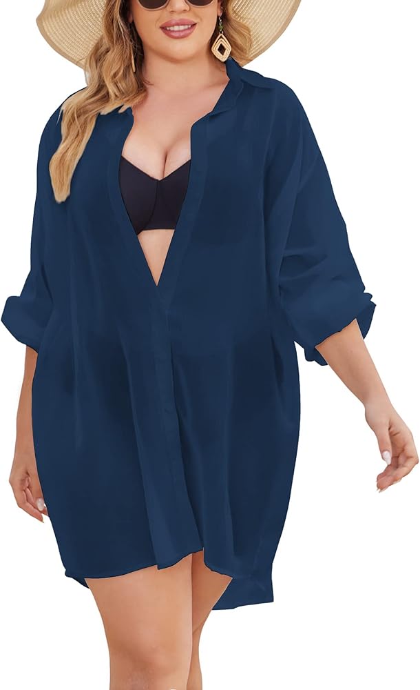 IN'VOLAND Womens Swimsuit Coverups Swimwear Button Down Beach Cover Up Long Sleeve Bathing Suit Bikini Cover Shirt Dress