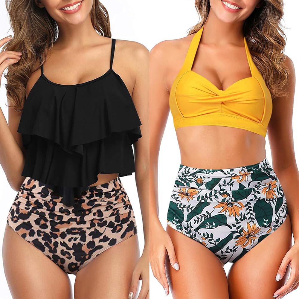 Adisputent Womens Tankini Swimsuits Ruffled Tank Top Bikini Push Up Vintage Swimsuits Halter Top Leopard + Yellow Flower XXL