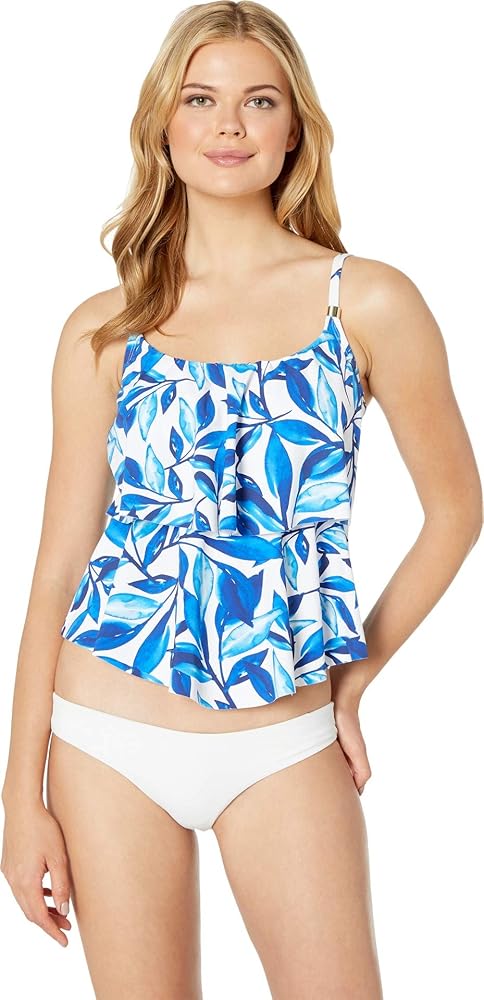 24th & Ocean Women's Standard 2-Tiered Ruffle Tankini Swimsuit Top, Navy//Laila Leaf, Small