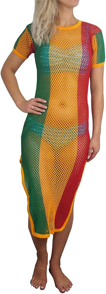 Crystal Ladies Stretch - Rasta Maxi Dress - Cover Up - String Mesh Fishnet - Short Sleeve with Side Splits One Size (One Size fits UK 6-14, Red/Gold/Green)