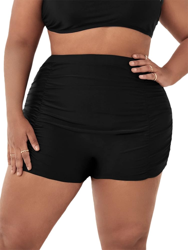 Floerns Women's Plus Size Ruched High Waisted Bikini Bottom Swim Shorts Black 0XL