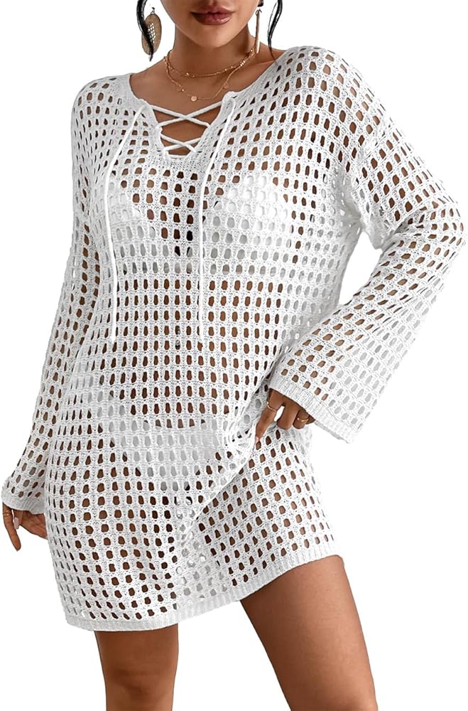 Bsubseach Casual Women Swim Cover Up Long Sleeve Beach Dress Sexy Crochet Coverup