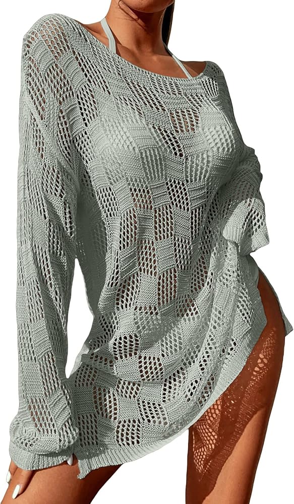 GORGLITTER Women's Crochet Bathing Suit Cover Up Dress Long Sleeve Split Beach Swimsuit Dress