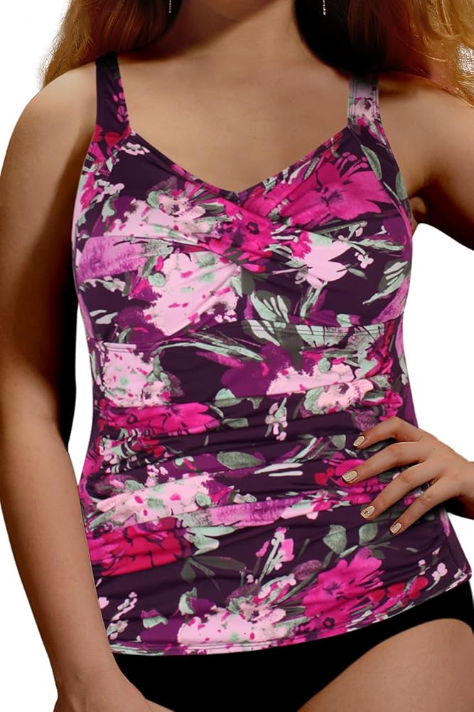 JINXUEER Women’s Plus Size Vintage Floral Swimwear One Piece Ruched Modest Tankini Swimsuit Top