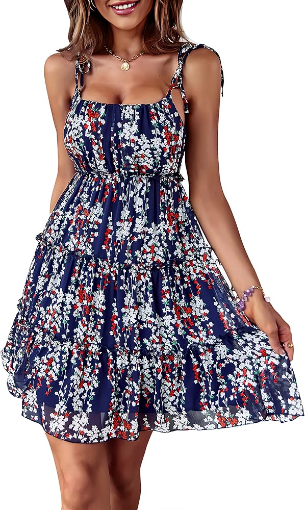 ROYUNA Women's Sundresses Spaghetti Strap Sleeveless Floral Flowy Short Dresses Beach Vacation Cute Mini Dress 2023