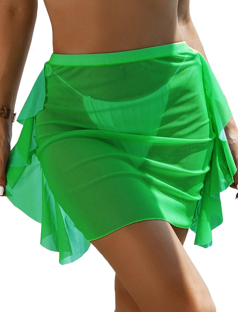 AI'MAGE Women´s Ruffle Trim Sheer Beach Skirt See Through Bikini Cover-ups Mesh Swimsuit Cover Ups