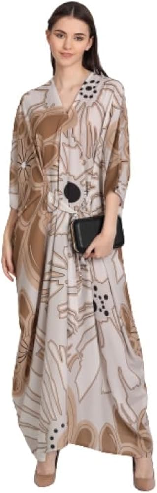 Women's French Moss Calf Length Free Size Printed Kaftan (Light Brown); Size :- Length : 55 Inch- NLYM_J5690