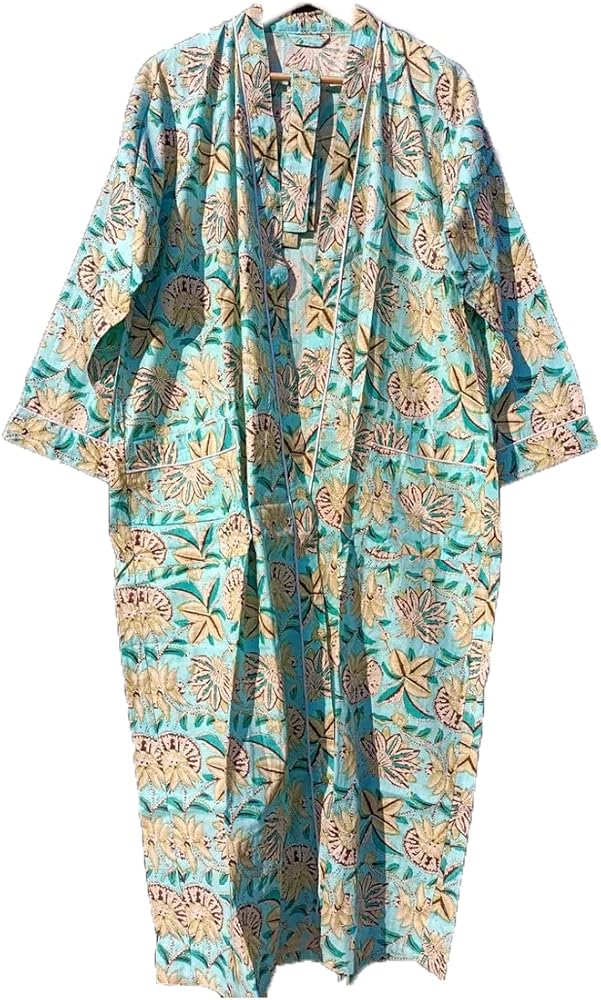 Kimono Kaftans for Women Hand Block Floral Print Caftan for Women's, Cotton Light Weight Summer Wear, Beach Wear Dress, Maxi Gown Nightwear Dress by B&A Ventures