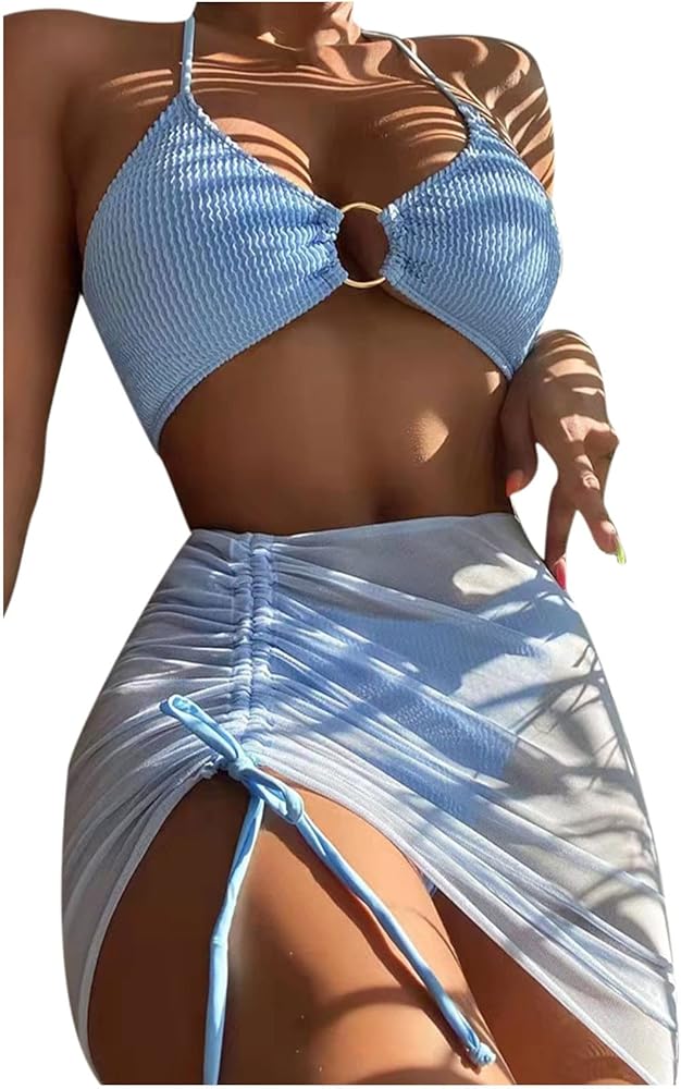 Womens 3 Piece Swimsuit Textured Halter Thong Bikini Sets with Mesh Drawstring Ruched Bodycon Beach Skirt Cover Up Light Blue