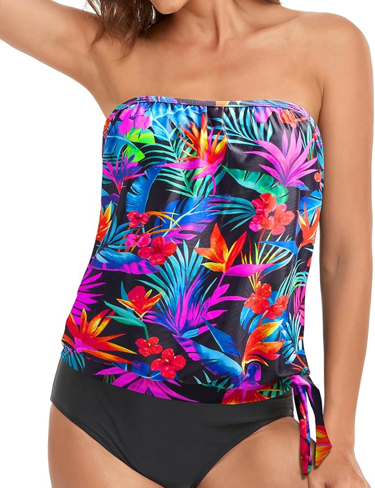 Holipick Strapless Tankini Tops for Women Swimwear Top ONLY Bandeau Bathing Suit Top Blouson Swimsuit Top No Bottom