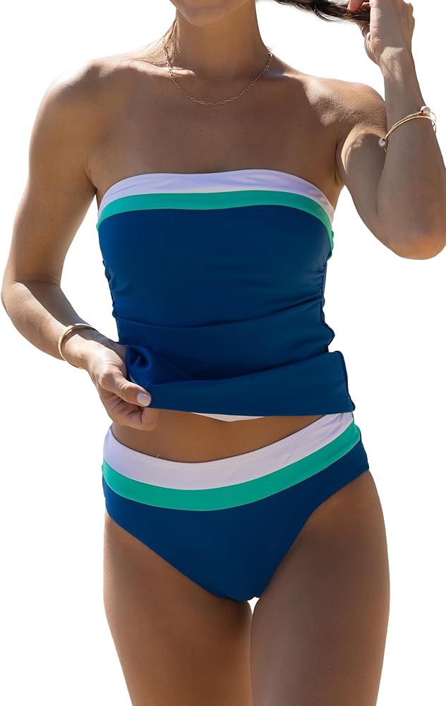 Beachsissi Bandeau Swimsuits for Women Strapless Swimwear Bathing Suits Tummy Control Color Block Tankini Sets