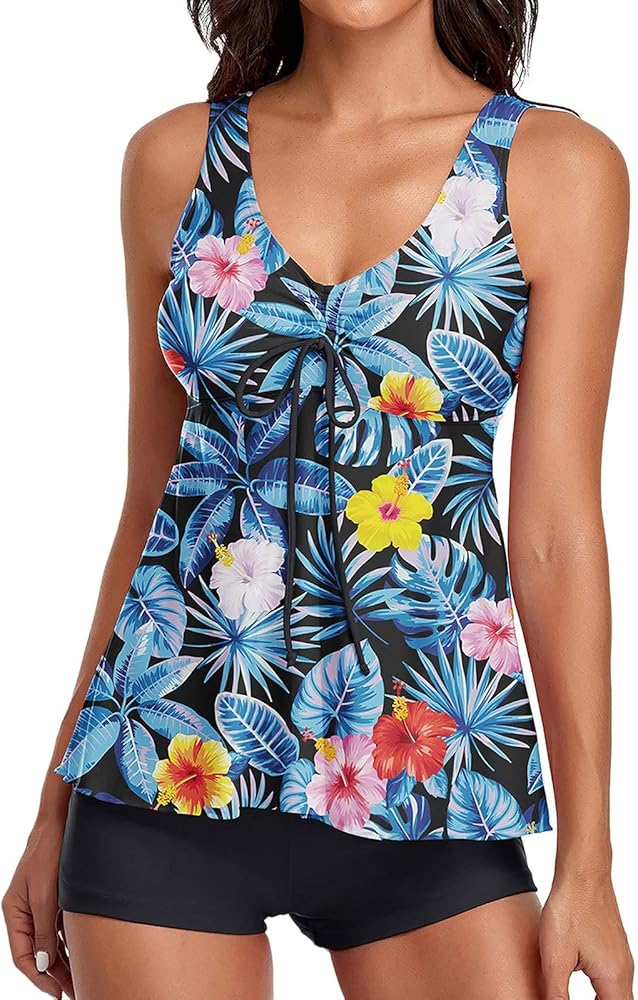 Swimming Suits for Women Two Piece Plus Size Floral Loose Tankini Tops Ladies Bathing Suits with Shorts Tankinis