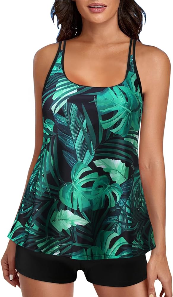 Womens 2024 Tankini Swimsuit Tummy Control Tropical Print Cyan Swimwear Two Piece Bathing Suits Swim Tank Top with Boyshorts