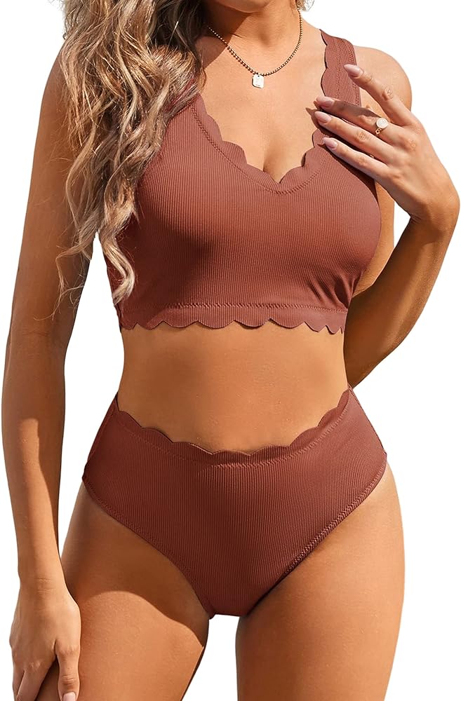 ZAFUL High Waisted Swimsuits for Women Scalloped Bikini Sets Back Lace-Up Tankini Sets Tummy Control