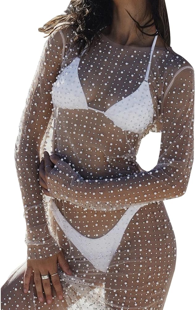 Sexy Women's Sheer Mesh Pearl Rhinestone Cover Up Dress Beach Swimwear Bikini Bathing Suit Coverups