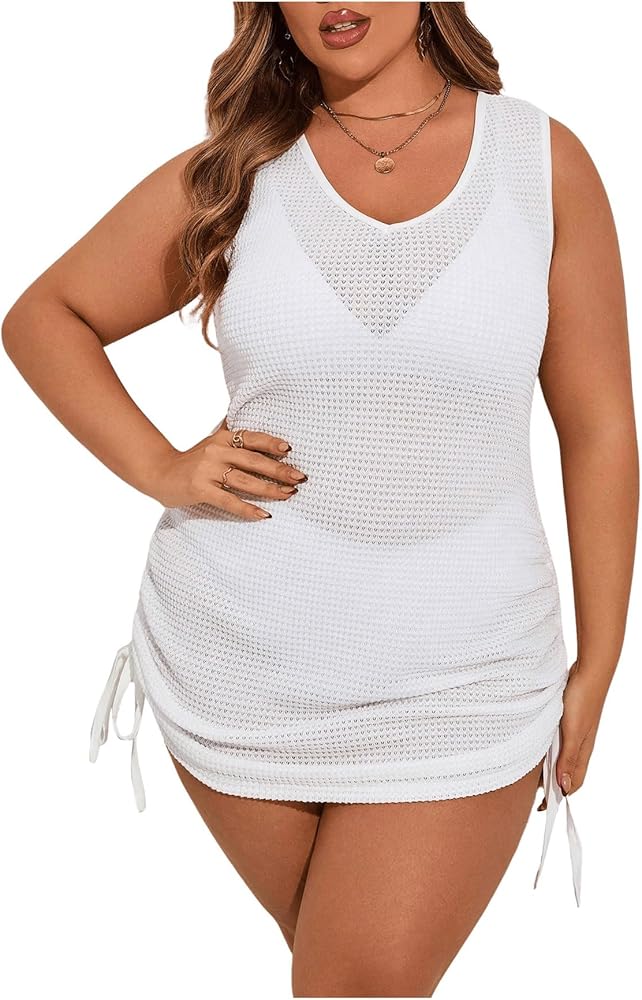 SOLY HUX Women's Plus Size Cover Up Dress V Neck Sleeveless Drawstring Side Ruched Swimsuit Bathing Suit