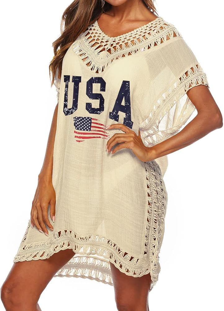 Women's Swimwear Cover ups Summer Short Sleeve Crochet Sexy Beach Dress