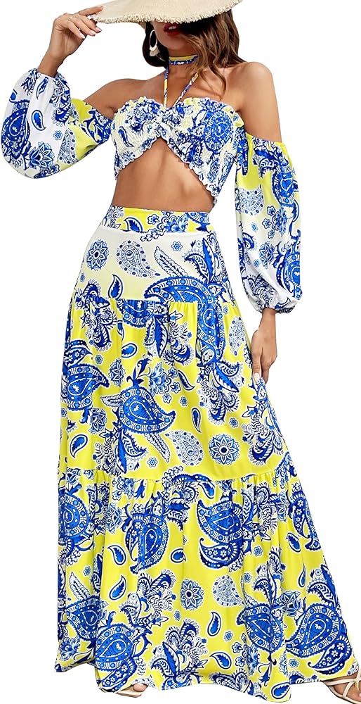 SPORLIKE Women’s two pieces Beach Dresses Shirred Crop Tube Top Ruffle Hem Flowy Maxi Skirt Set