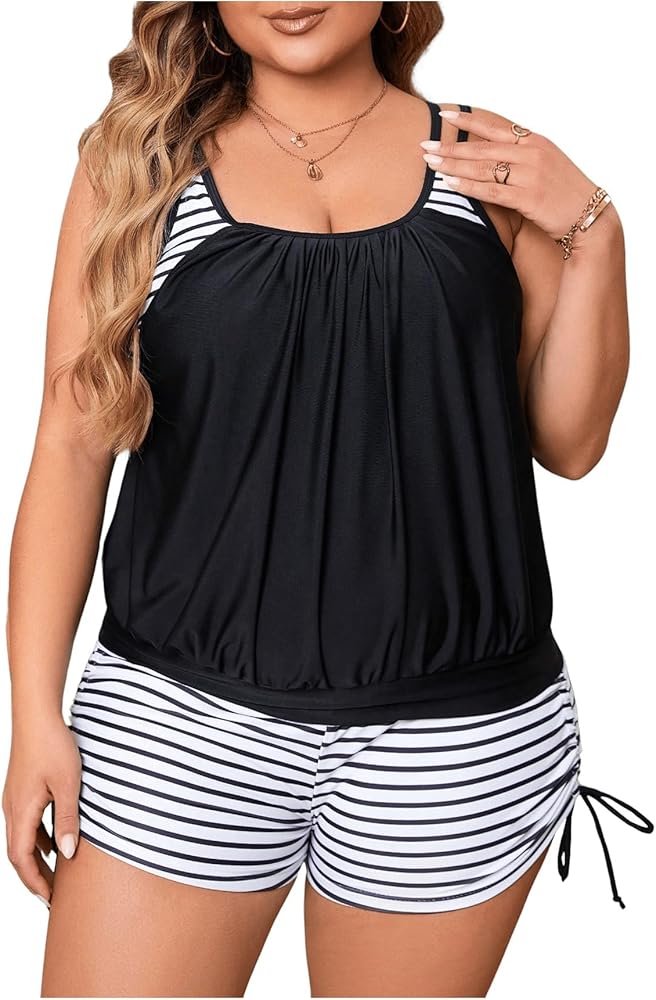 SHENHE Women's Plus Size Striped Swimsuit Colorblock Strappy Tankini Sets Tankini Top with Shorts