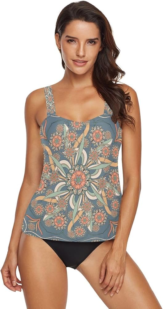 Women Tankini Set Indian Floral Two Piece Bathing Suits Tankini Top with Bikini Bottom