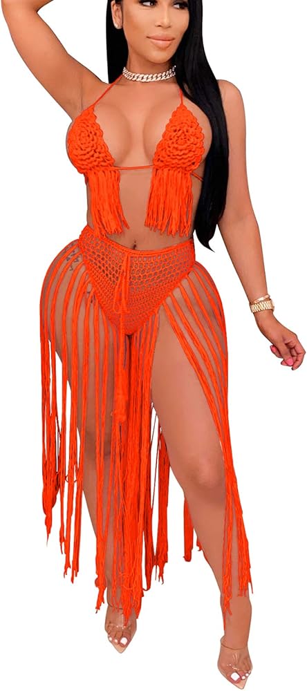 Bluewolfsea Women Sexy Beach Coverups Summer 2 Piece Outfits Crochet Mesh Fishnet Bikini Top and Maxi Skirt Set