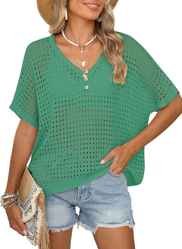 Dokotoo Womens Summer V Neck Short Sleeve Button Down Sweater Casual Crochet Hollow Out Knit Tops Beach Coverup