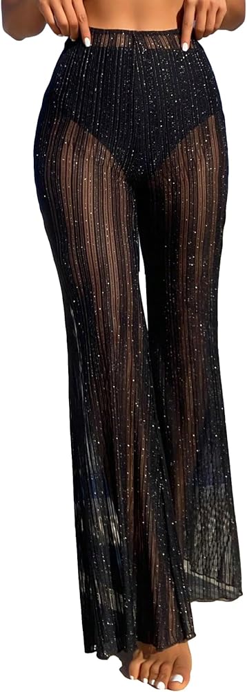 Floerns Women's Glitter Sheer Mesh Flare Leg Bathing Suit Cover Up Pants