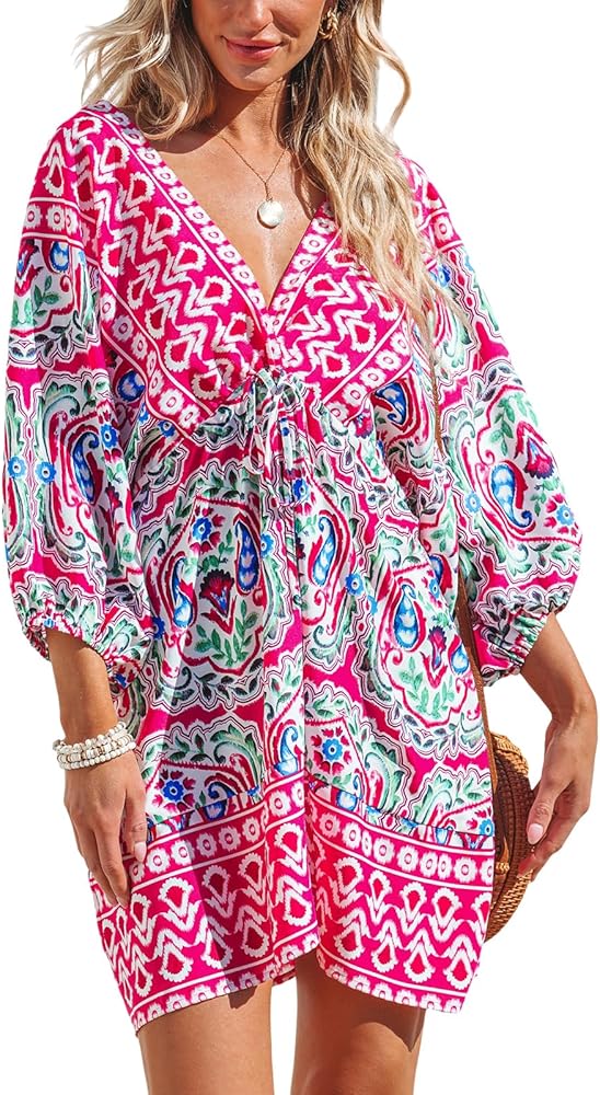 CUPSHE Women's Plunging V Neck Backless Beach Dress Paisley Boho Blouson Sleeve Back Tie Waist Tie Mini Summer Dresses