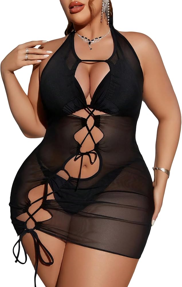 SHENHE Women's Plus Size 3 Piece Swimsuits with Sheer Cover Up Dress Set Halter Triangle Bikini