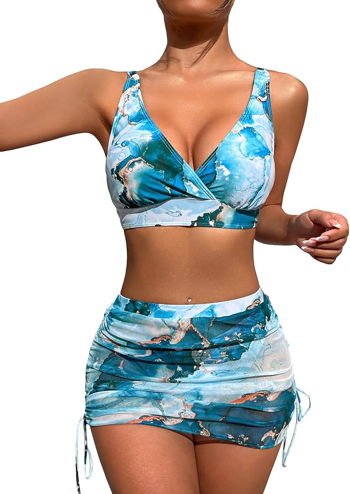 MakeMeChic Women's 3 Piece Swimsuit Graphic Print Wrap V Neck Bikini Set with Cover Up Skirt