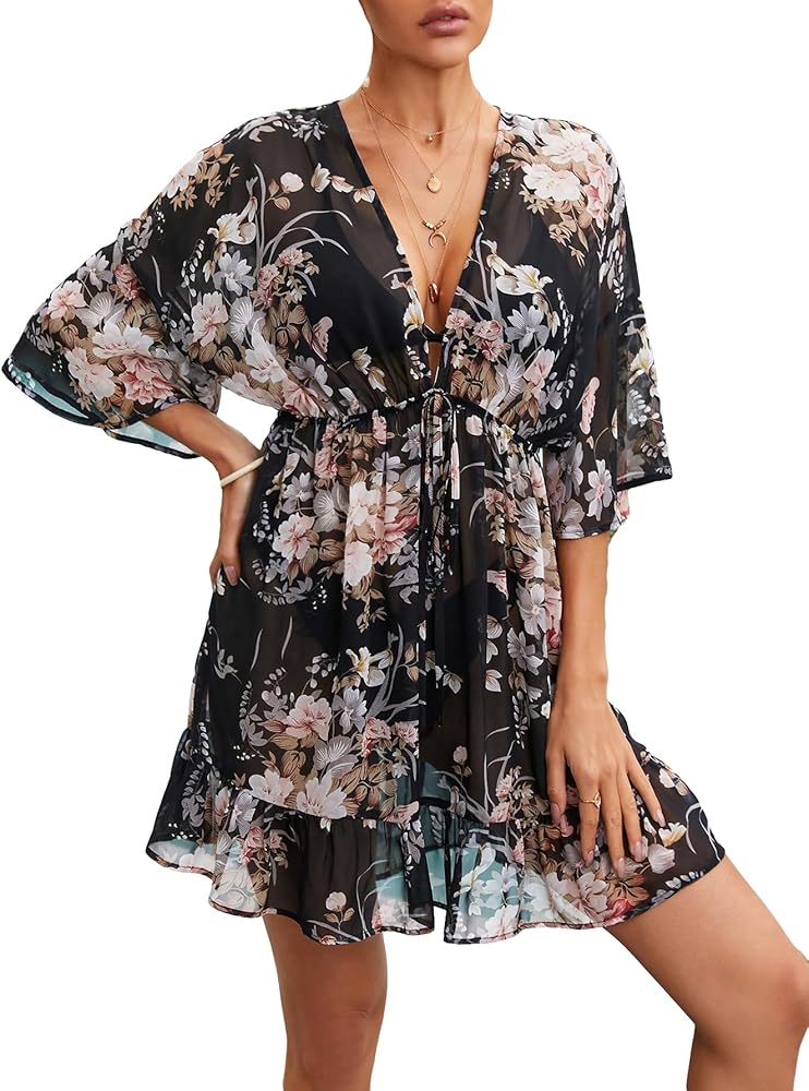 Verdusa Women's Floral Print Tie Front Deep V Neck Half Sleeve Loose Beach Cover Up Dress