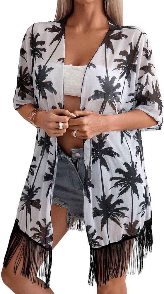 Floerns Women's Graphic Print Half Sleeve See Through Kimono Cardigan Cover Up Tops