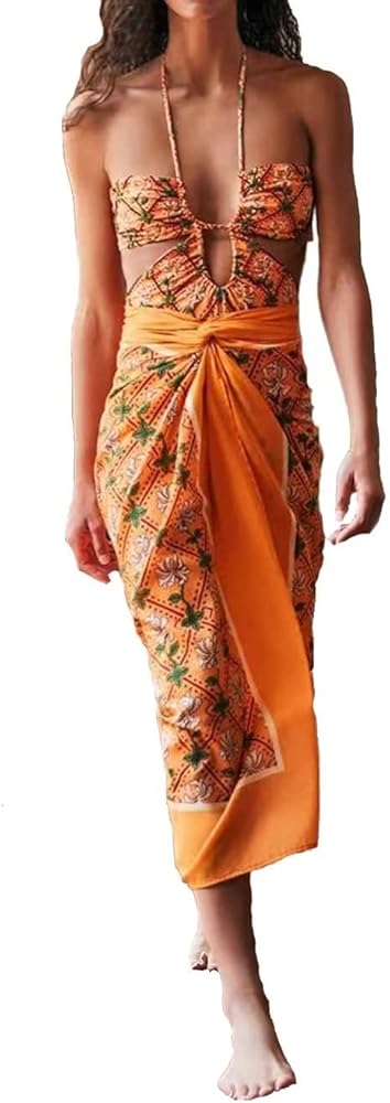 Orange Cut Out Tie Fastening Halter Printed Swimsuit Women Sarong Coverup Two Pieces Bathing Suits