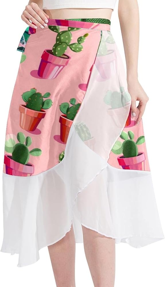 Cover Up Skirt, Women Beach Sarong, Semi-Sheer Swimwear Cover Ups, Cactus Succulents Cartoon Watercolor