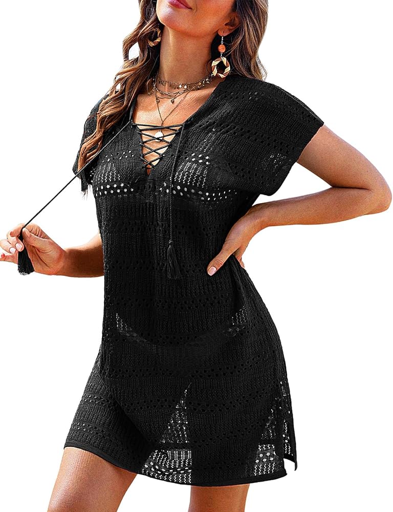 JASAMBAC Womens Swimsuit Cover Ups 2024 Crochet Short Sleeve V Neck Summer Beach Bikini Swimwear Bathing Suit Coverups Dress