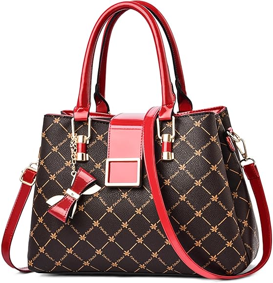 FORRICA Bolso Mujer Bowknot Colgante Bolsa Bandolera Moda Hoja de Arce Bolso de Mano Señora Tote Cuero PU Rojo