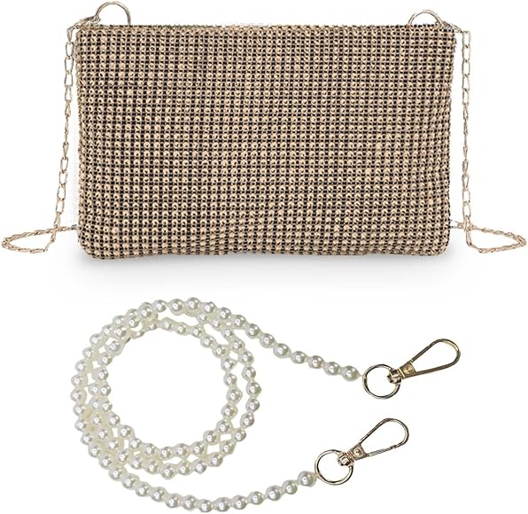 ZGDEIWGF 1 bolso de diamantes con un solo hombro, 1 cadena de perlas, bolso de mano dorado para mujer, bolso de mano para mujer, dorado, talla única