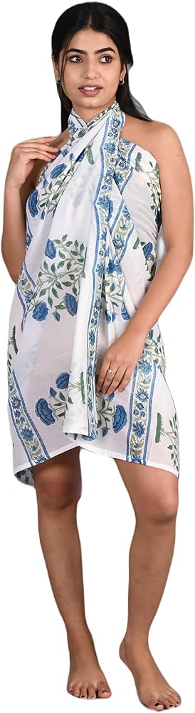 100% Cotton Hand Block Printed Sarong Womens Swimsuit Wrap Cover Up, Beach Bikini Skirt Pareo Scarf Stole Shawl for Women