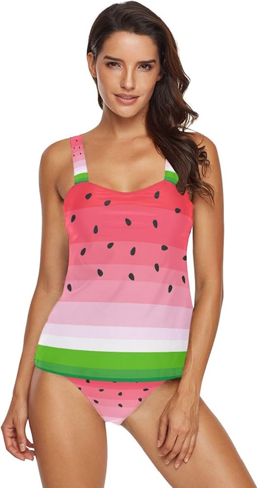 Watermelon 2 Piece Women Tankini Swimsuit Tummy Control Sport Bathing Suit with Bikini Bottom