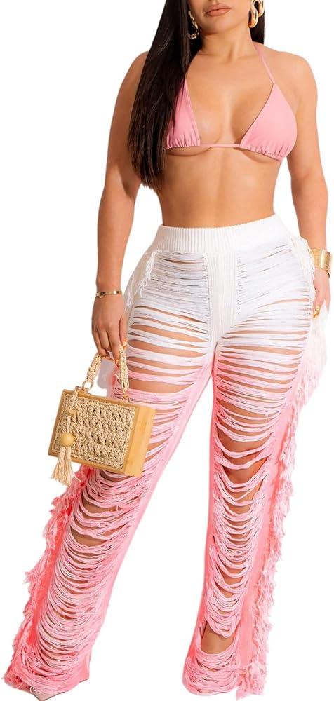 KANSOON Crochet Cover Ups 2 Piece Set Sexy Knitted Fringe Gradient Color Halter Tops and Bodycon Pants Outfits Pink S